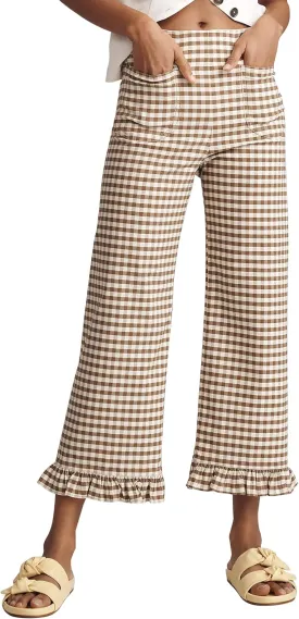 Women's Plaid Flare Pants Summer Casual Gingham Elastic Waist Ruffle Cropped Hem Y2K Loose Fit Trousers with Pockets