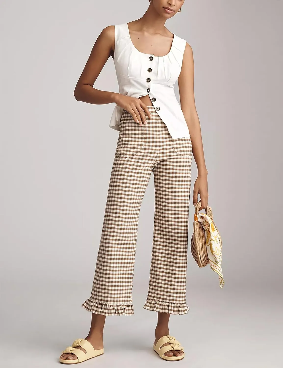 Women's Plaid Flare Pants Summer Casual Gingham Elastic Waist Ruffle Cropped Hem Y2K Loose Fit Trousers with Pockets
