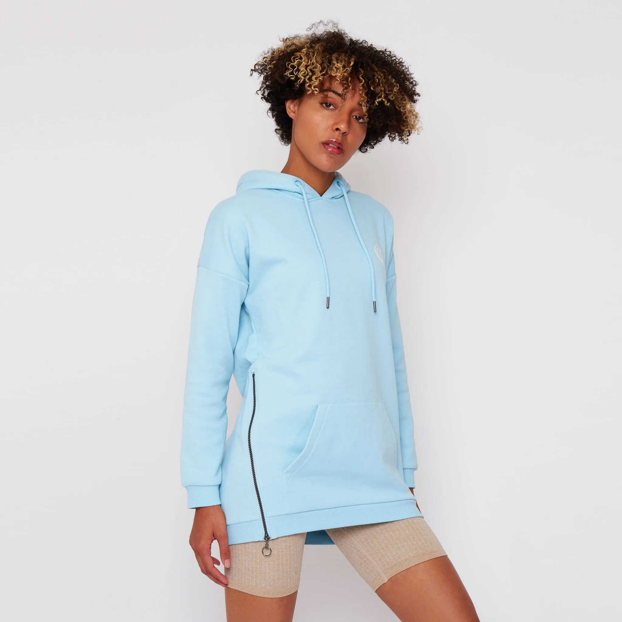 Womens - Pouch Longline Hoodie - Blue
