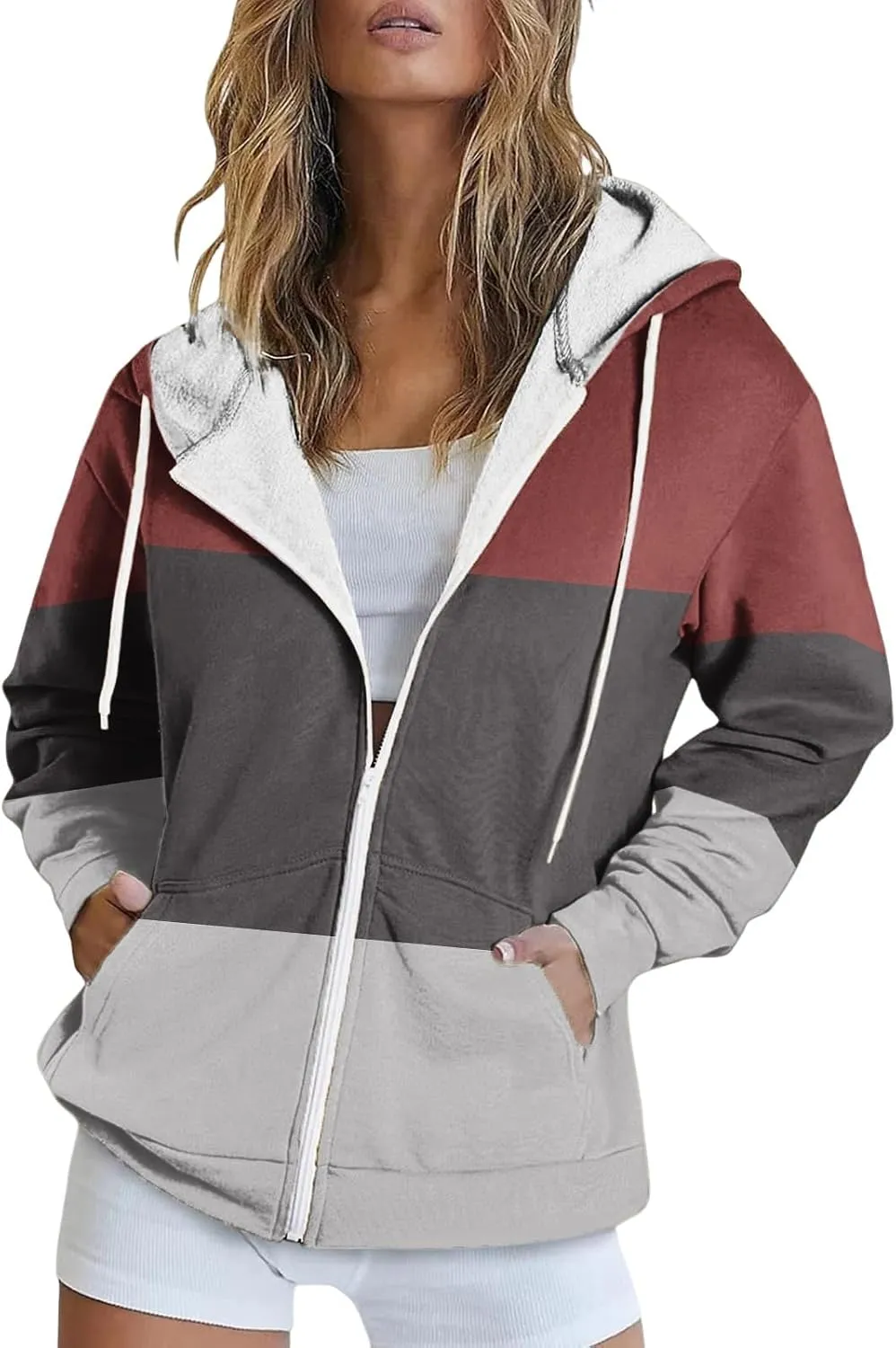 Womens Zip up Hoodies Long Sleeve Sweatshirt Autumn Winter Warm Drawstring Oversizeds Hooded Jackets Jumper Tops