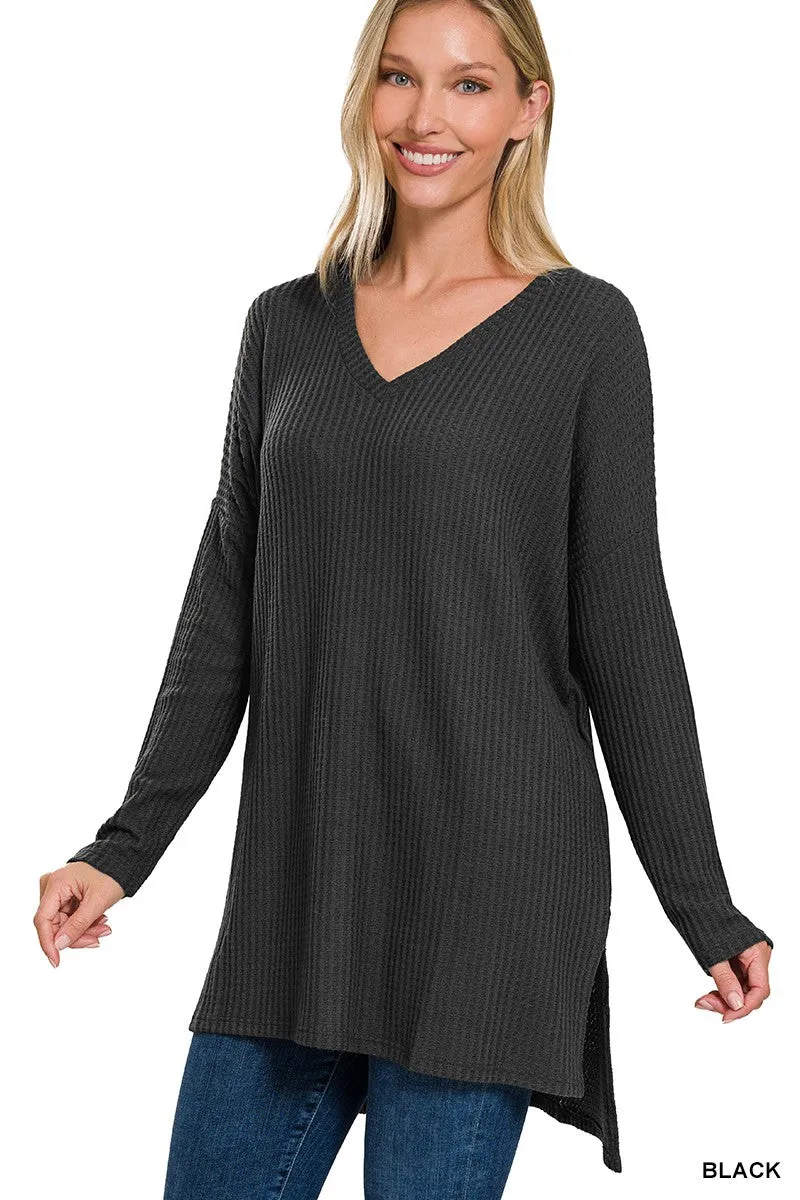 Zenana Waffle Knit V-Neck High Low Top
